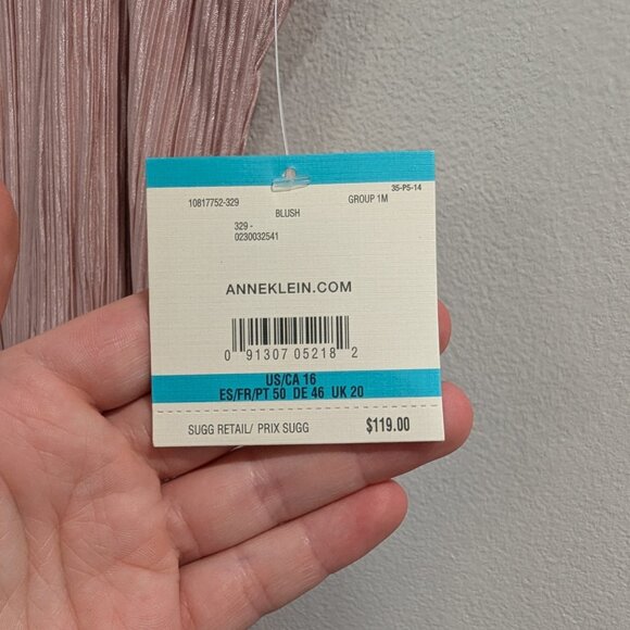 ANNE KLEIN Nwt Crinkled Satin Blush Dress 16 Sleeveless Waist Tie Midi Length - Picture 8 of 12